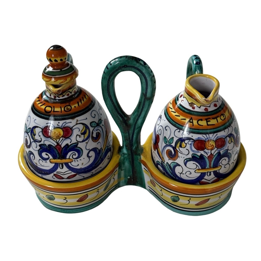 Vintage Italian Colorful Hand Painted Ceramic Oil and Vinegar Cruet Set